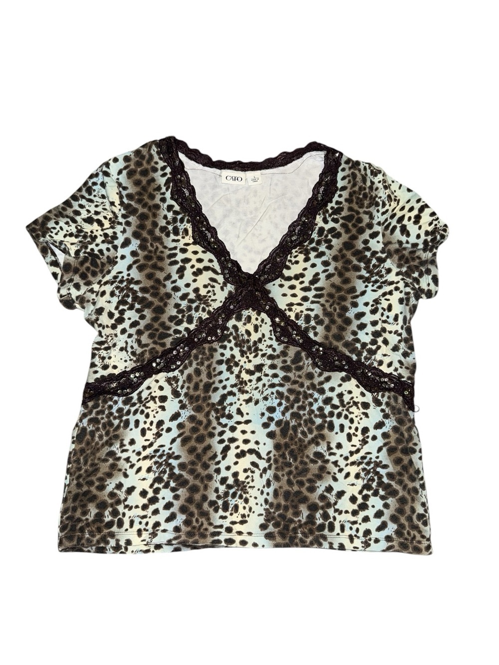 Cato Leopard Print V-Neck Lace Trim Top